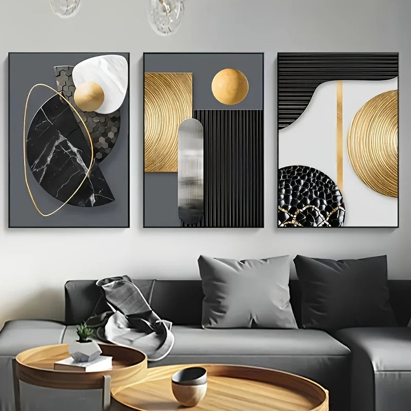 VALENCIA LEINWANDKUNST – 3-TEILIGES GEOMETRISCHES DESIGN IN GOLD & SCHWARZ