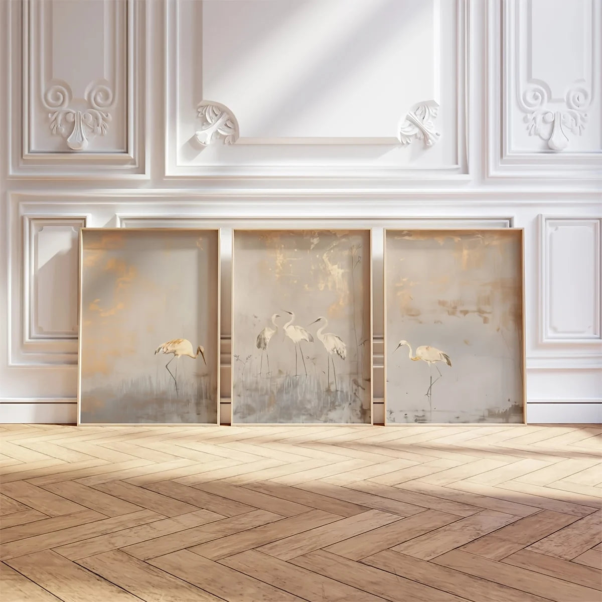 CELESTE WANDDEKORATION – ELEGANTES 3ER CANVA SET GOLD BEIGE