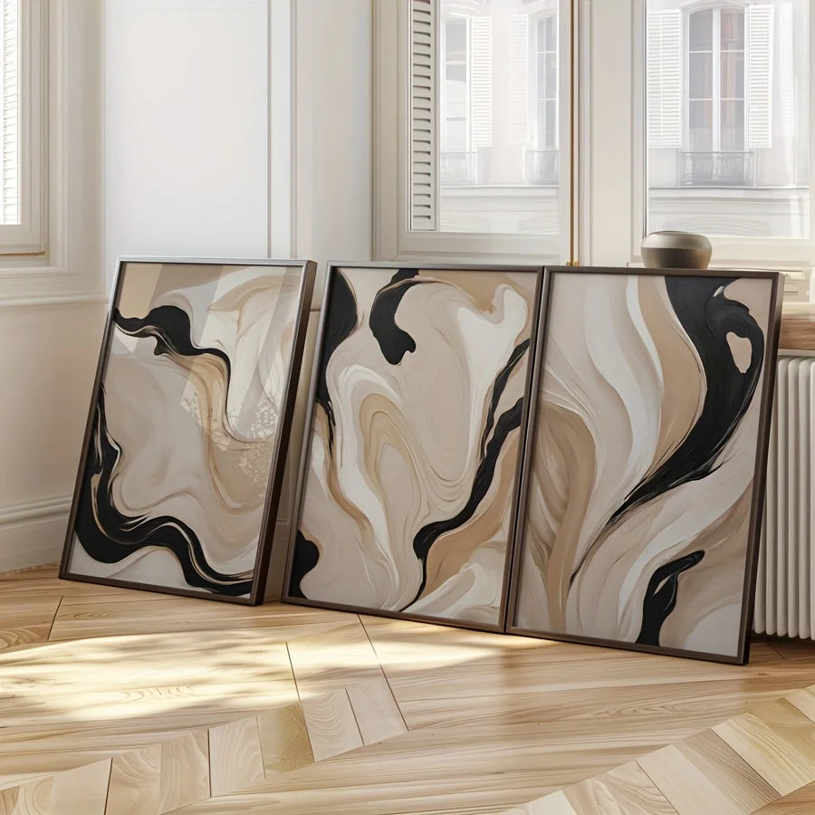 NOELLE WANDDEKORATION – ABSTRAKTES LEINWAND SET BEIGE SCHWARZ