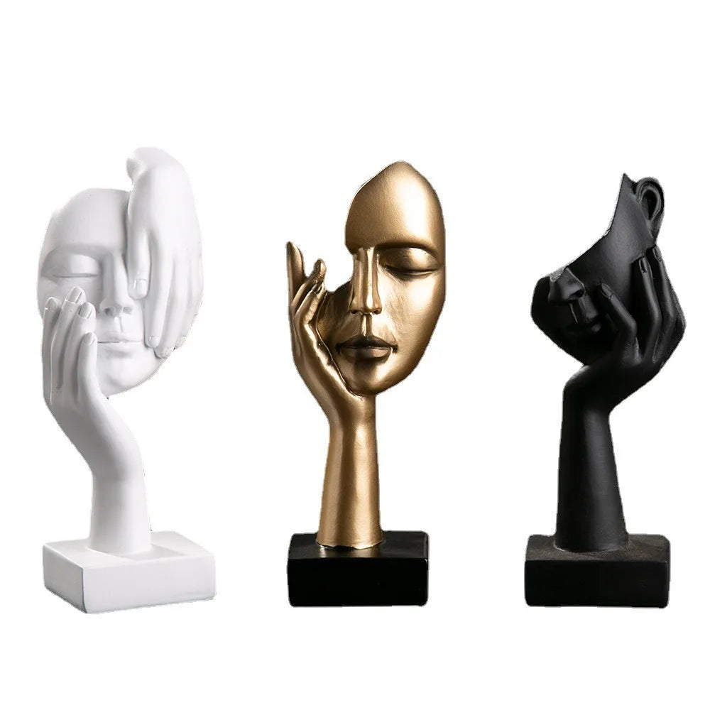 GESICHTS SKULPTUR MIT HAND – MODERNE DEKOFIGUR IN WEISS, GOLD & SCHWARZ