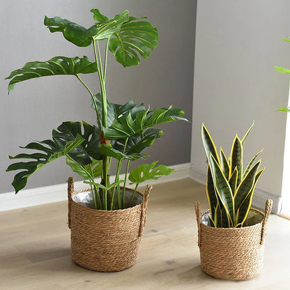 GEWEBTER BLUMENTOPF AUS NATURFASER – BOHO PFLANZKORB MIT HENKEL