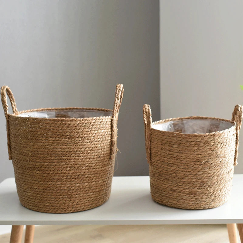 GEWEBTER BLUMENTOPF AUS NATURFASER – BOHO PFLANZKORB MIT HENKEL