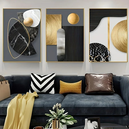 VALENCIA LEINWANDKUNST – 3-TEILIGES GEOMETRISCHES DESIGN IN GOLD & SCHWARZ