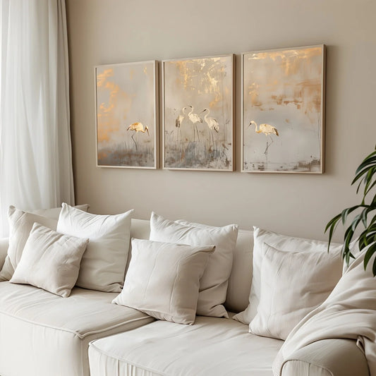CELESTE WANDDEKORATION – ELEGANTES 3ER CANVA SET GOLD BEIGE