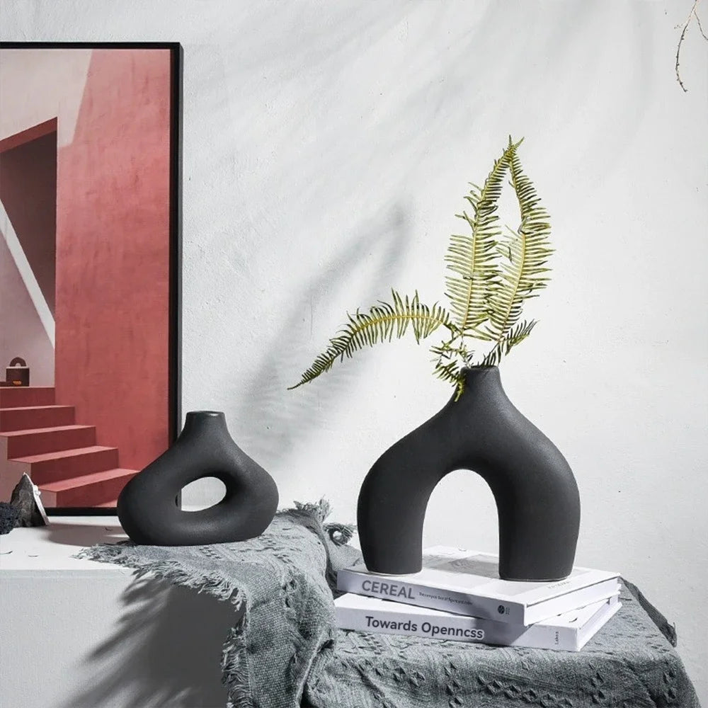 Dekovase 2er Keramik Vase, Pampasgras Vasen matt Handgefertigte Getrocknete Blumenbehälter, Boho Blumenpflanzenbehälter 3
