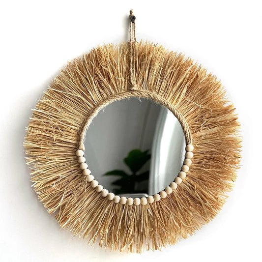 BOHO RAFFIA WANDSPIEGEL – RUNDER SPIEGEL MIT HOLZPERLEN Ø 33 CM