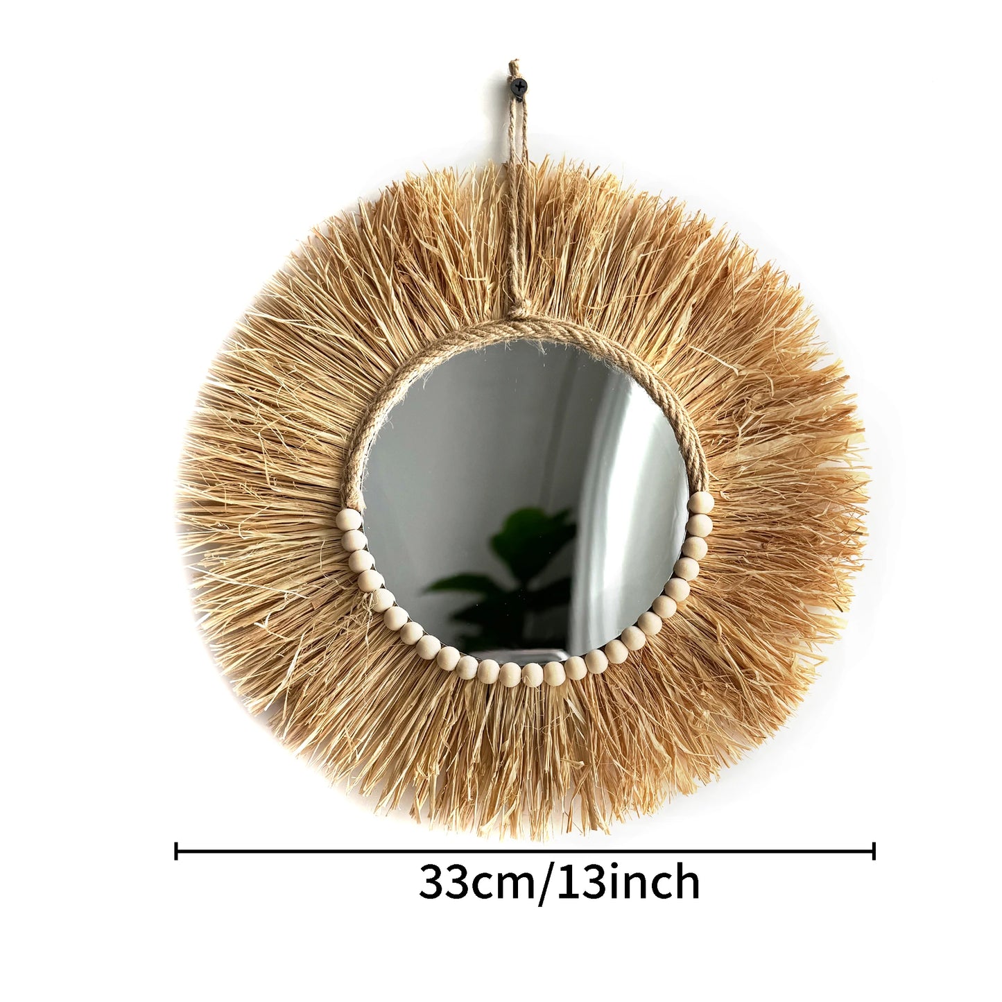 BOHO RAFFIA WANDSPIEGEL – RUNDER SPIEGEL MIT HOLZPERLEN Ø 33 CM
