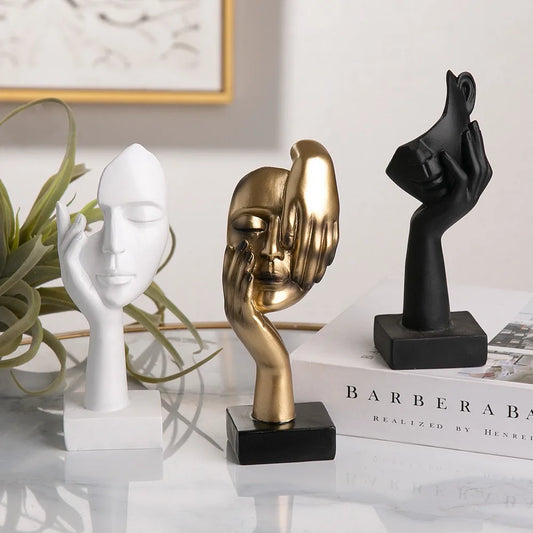 GESICHTS SKULPTUR MIT HAND – MODERNE DEKOFIGUR IN WEISS, GOLD & SCHWARZ
